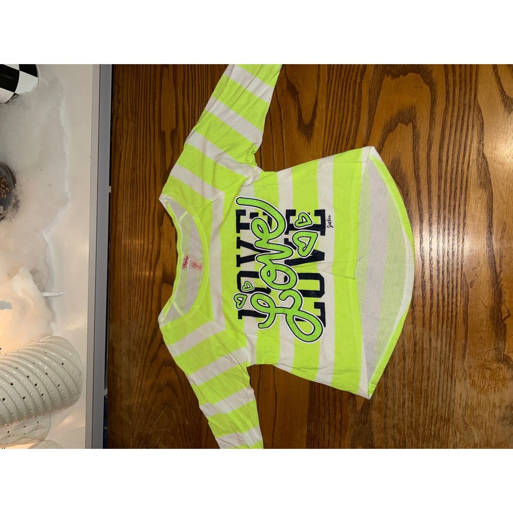 Justice Girls Neon Yellow White Stripe Long Sleeve Shirt Love Hearts Size 8